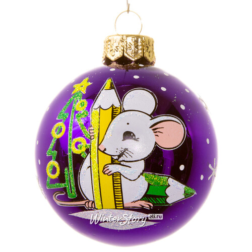 Стеклянный елочный шар Зодиак - Мышонок художник 6 см фиолетовый Фабрика Елочка