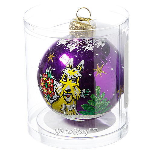 Стеклянный елочный шар Новый год - Терьер с букетом 6 см фиолетовый Фабрика Елочка