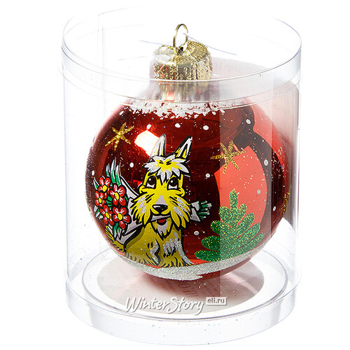 Стеклянный елочный шар Новый год - Терьер с букетом 6 см красный Фабрика Елочка