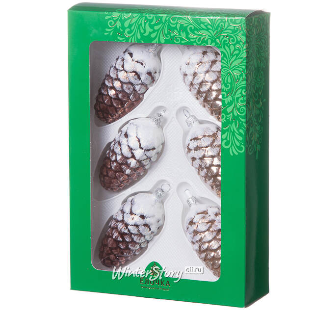 Набор стеклянных елочных игрушек Шишки Сосновые 8 см, 6 шт Фабрика Елочка