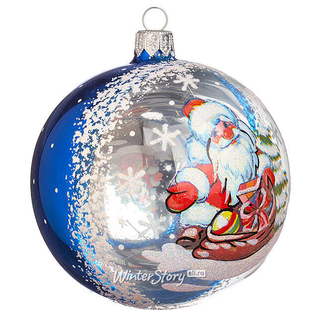 Стеклянный елочный шар Морозко 9 см синий Фабрика Елочка