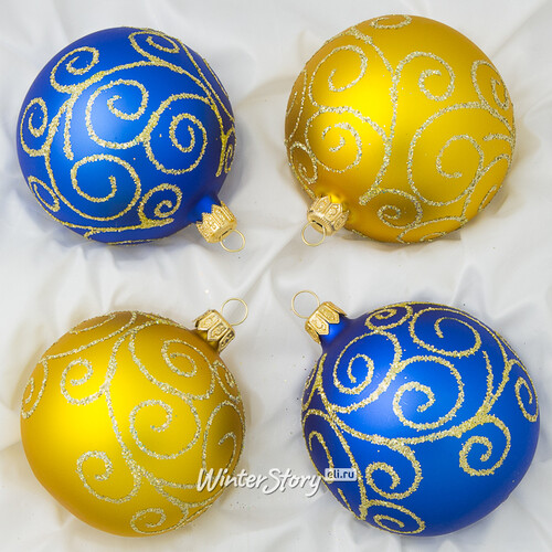 Набор стеклянных елочных шаров Садко 7 см, 4 шт синий с золотым Фабрика Елочка