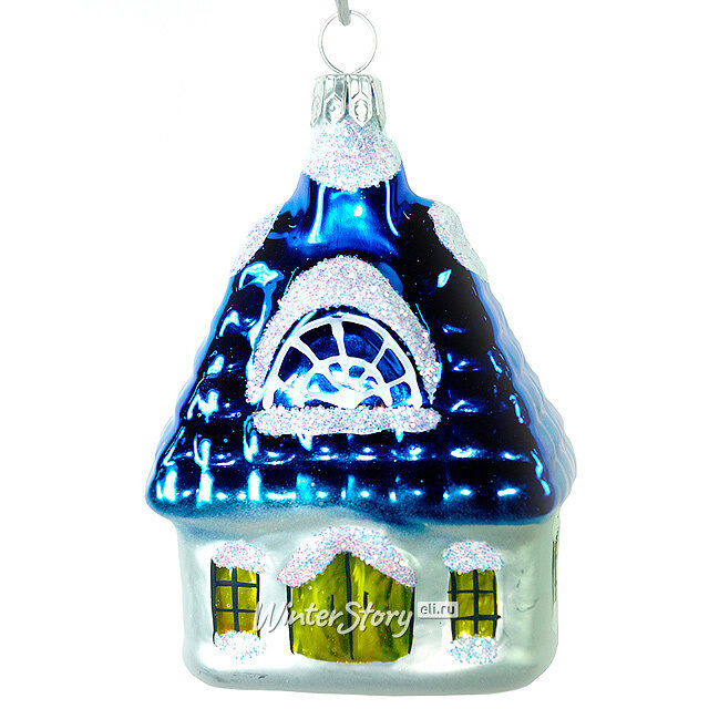 Стеклянная елочная игрушка Домик 8 см синий, подвеска Фабрика Елочка