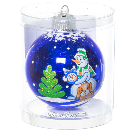 Стеклянный елочный шар Снеговичок 6 см синий Фабрика Елочка