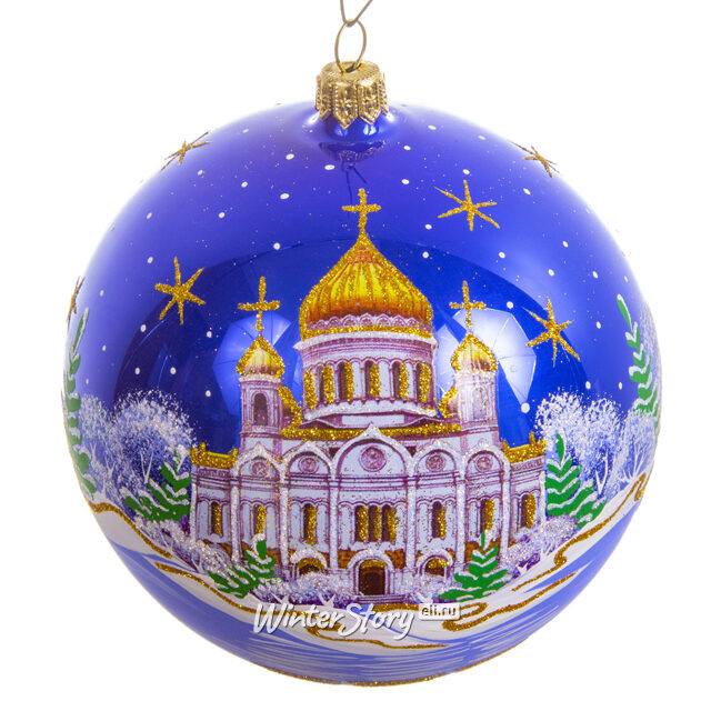 Стеклянный елочный шар Русь 11 см синий Фабрика Елочка