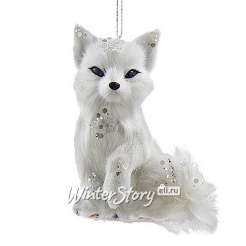 Елочное украшение Меховая белая лисичка сидящая, 10 см, подвеска Kurts Adler