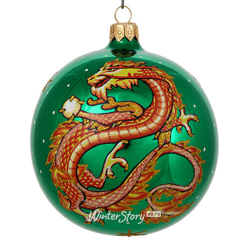 Стеклянный елочный шар Зодиак - Дракон с жемчужиной 9 см зеленый Фабрика Елочка