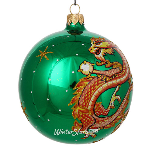 Стеклянный елочный шар Зодиак - Дракон с жемчужиной 9 см зеленый Фабрика Елочка