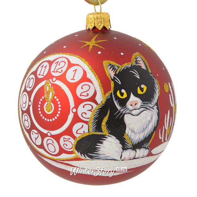 Стеклянный елочный шар Зодиак - Кот и часы 9 см красный Фабрика Елочка
