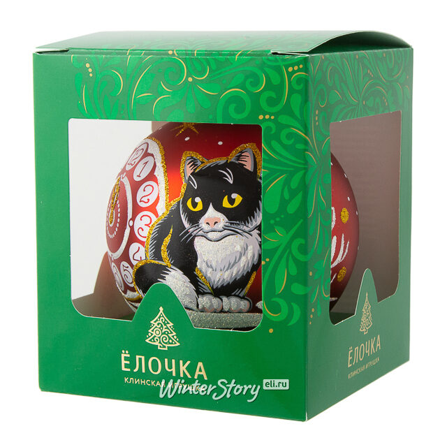 Стеклянный елочный шар Зодиак - Кот и часы 9 см красный Фабрика Елочка