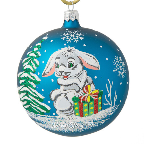 Стеклянный елочный шар Зодиак - Кролик с гостинцем 9 см бирюзовый Фабрика Елочка