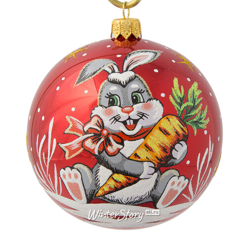 Стеклянный елочный шар Зодиак - Кролик с морковкой 9 см красный Фабрика Елочка