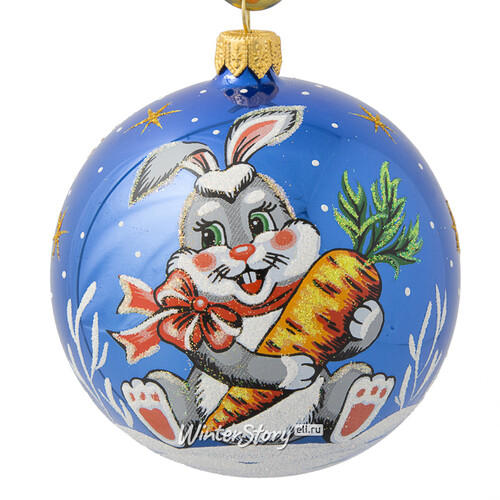 Стеклянный елочный шар Зодиак - Кролик с морковкой 9 см синий Фабрика Елочка