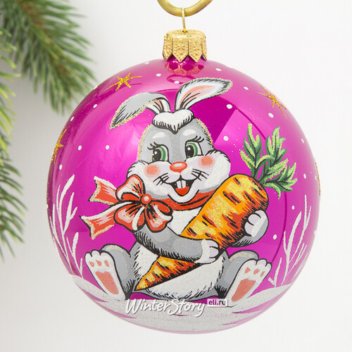 Стеклянный елочный шар Зодиак - Кролик с морковкой 9 см вишневый Фабрика Елочка