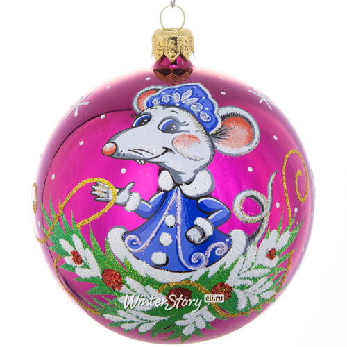 Стеклянный елочный шар Зодиак - Мышка Снегурочка 9 см розовый Фабрика Елочка