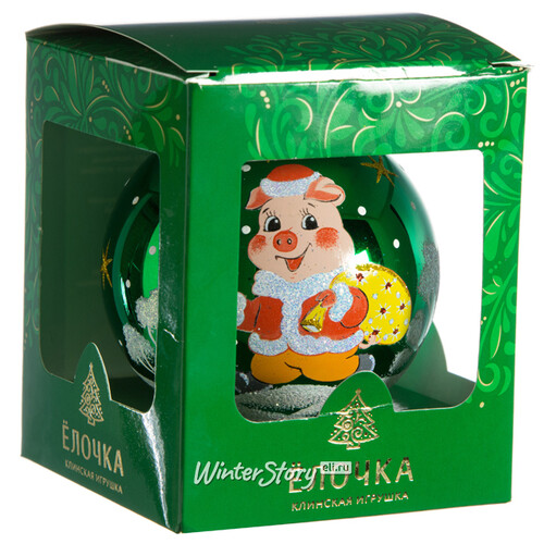 Стеклянный елочный шар Зодиак - Поросенок с мешком подарков 9 см зеленый Фабрика Елочка