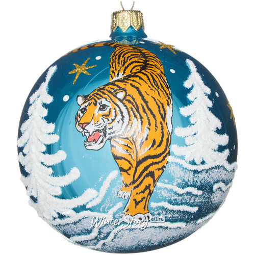 Стеклянный елочный шар Зодиак - Могучий тигр Раджа 9 см бирюзовый Фабрика Елочка