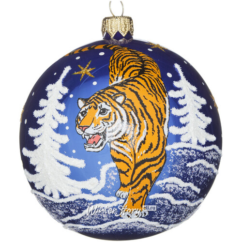 Стеклянный елочный шар Зодиак - Могучий тигр Раджа 9 см синий Фабрика Елочка