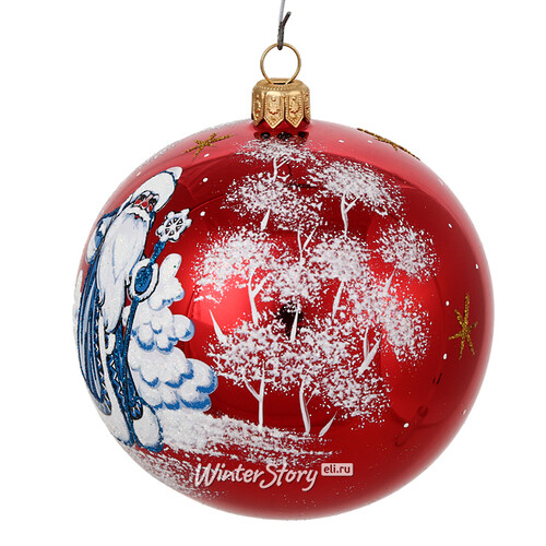 Стеклянный елочный шар Дед Мороз 9 см красный Фабрика Елочка