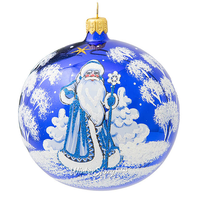 Стеклянный елочный шар Дед Мороз 9 см синий Фабрика Елочка