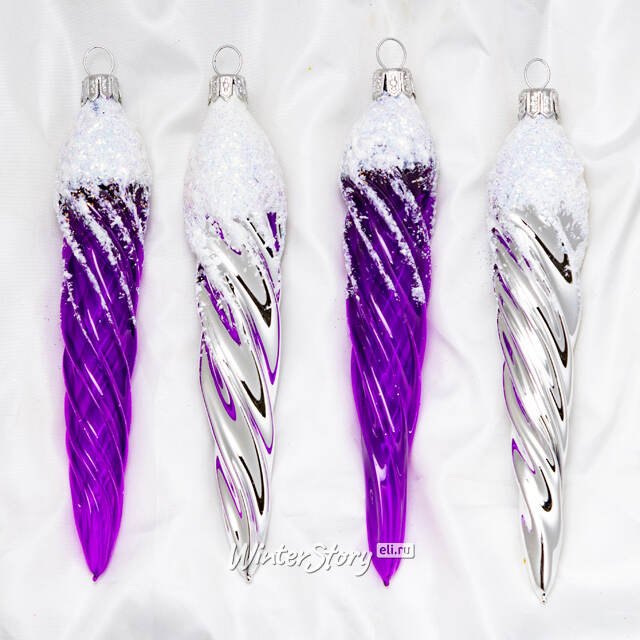 Набор елочных игрушек Сосульки Рифленые 15 см серебряные с фиолетовым, 4 шт, стекло, подвеска Фабрика Елочка