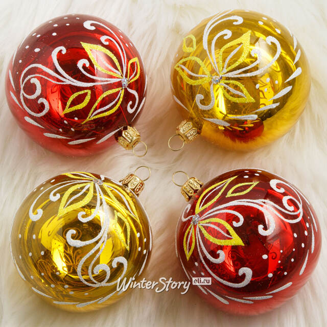 Набор стеклянных елочных шаров Флора 7 см, 4 шт, золотой с красным Фабрика Елочка