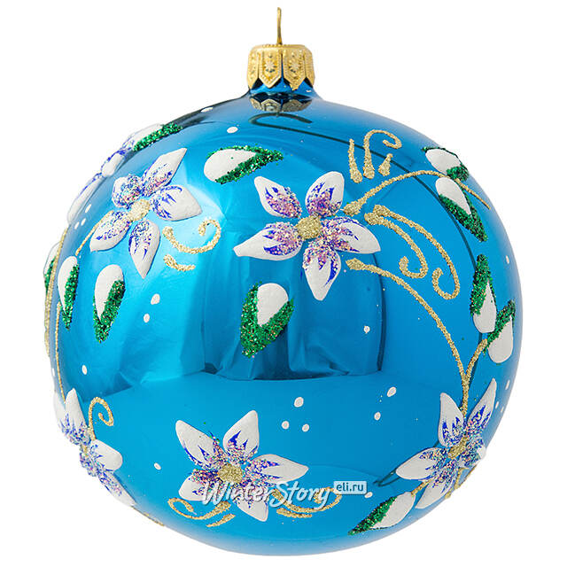 Стеклянный елочный шар Цветочный 9 см бирюзовый Фабрика Елочка