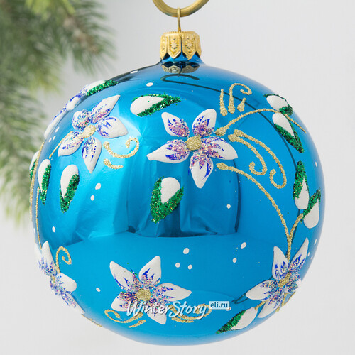 Стеклянный елочный шар Цветочный 9 см бирюзовый Фабрика Елочка