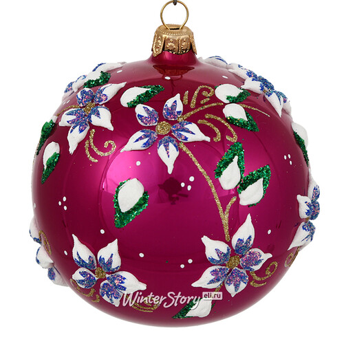 Стеклянный елочный шар Цветочный 9 см лиловый глянцевый Фабрика Елочка
