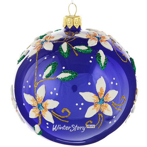 Стеклянный елочный шар Цветочный 9 см синий глянцевый Фабрика Елочка