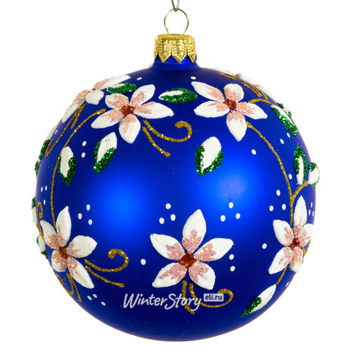 Стеклянный елочный шар Цветочный 9 см синий матовый Фабрика Елочка