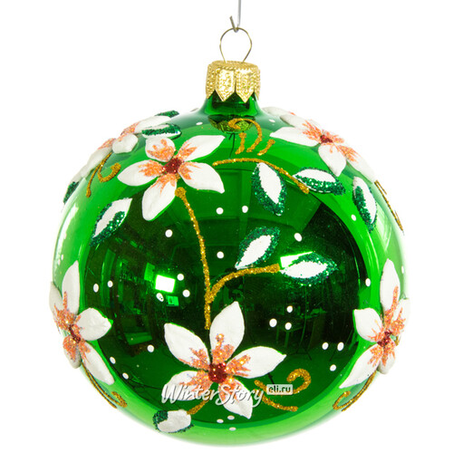 Стеклянный елочный шар Цветочный 9 см зеленый глянцевый Фабрика Елочка