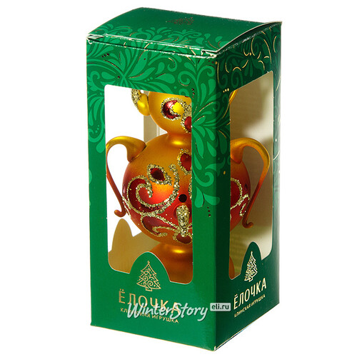 Стеклянная елочная игрушка Самоварчик 8 см золотой с красным, подвеска Фабрика Елочка