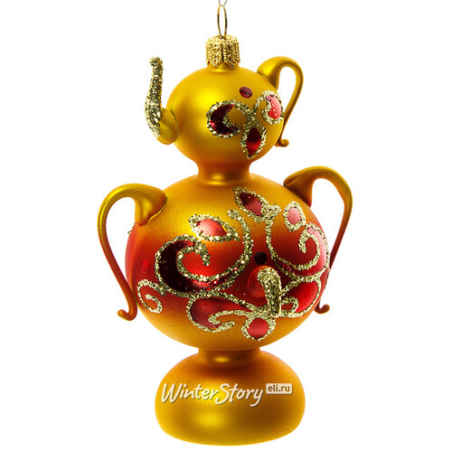 Стеклянная елочная игрушка Самоварчик 8 см золотой с красным, подвеска Фабрика Елочка