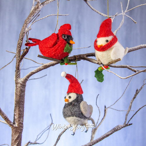 Елочная игрушка из фетра Птичка-Кардинал в новогодней бабочке 11 см, подвеска Kurts Adler