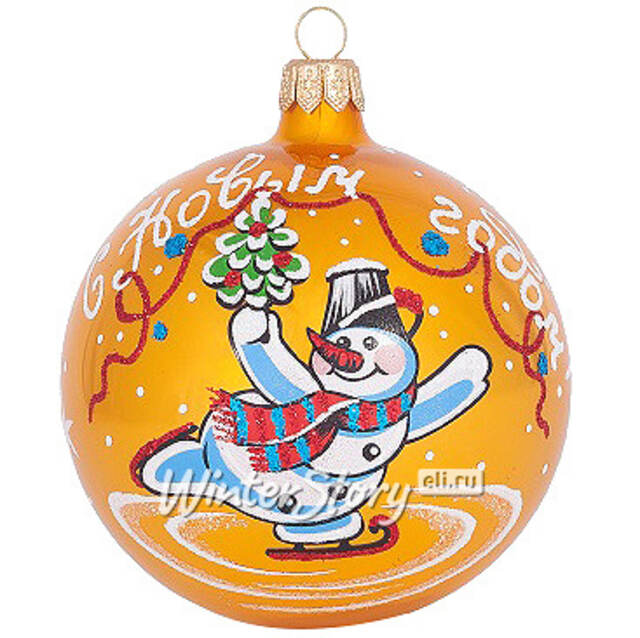 Стеклянный елочный шар Снежок 8 см золотой Фабрика Елочка