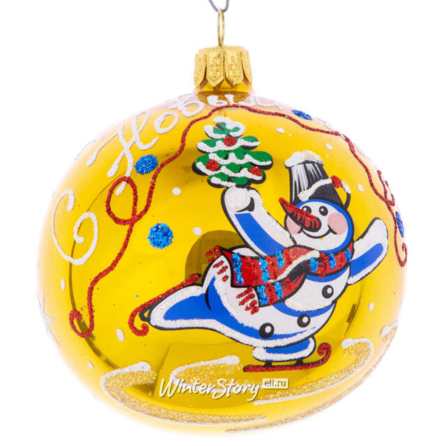 Стеклянный елочный шар Снежок 8 см золотой Фабрика Елочка