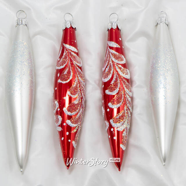 Набор елочных игрушек Сосульки Прелесть 14 см белые с красным, 4 шт, стекло, подвеска Фабрика Елочка