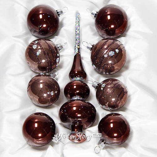 Набор стеклянных елочных шаров с верхушкой Эдельвейс коричневый Фабрика Елочка