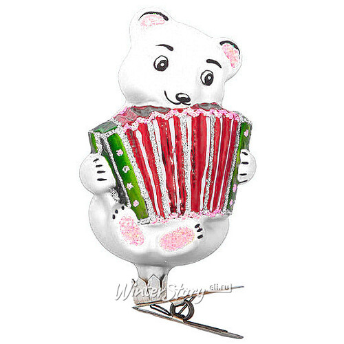 Стеклянная елочная игрушка Мишка с Гармошкой 8 см белый, клипса Фабрика Елочка