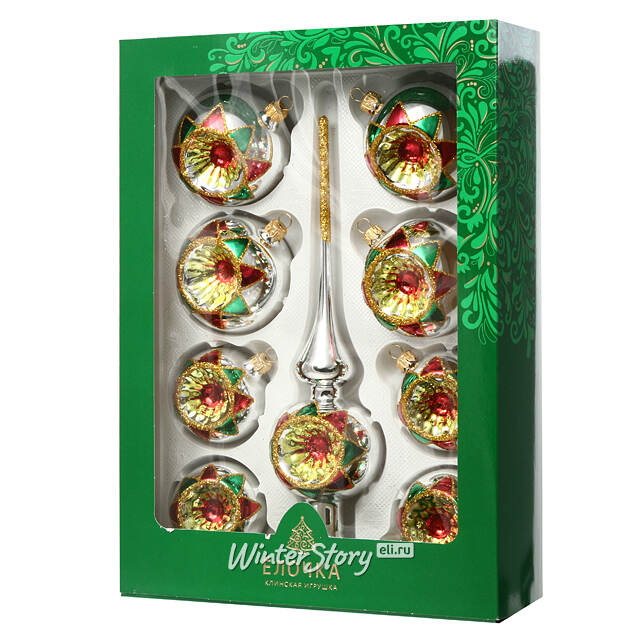 Набор стеклянных елочных шаров с верхушкой Арлекино Фабрика Елочка