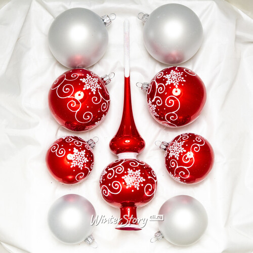 Набор стеклянных елочных шаров с верхушкой Сувенирный белый с красным Фабрика Елочка