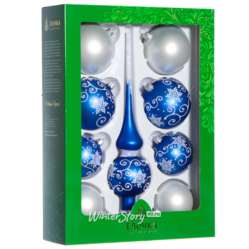 Набор стеклянных елочных шаров с верхушкой Сувенирный белый с синим Фабрика Елочка