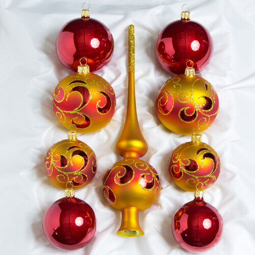 Набор стеклянных елочных шаров с верхушкой Сувенирный красный с золотым Фабрика Елочка