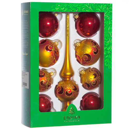 Набор стеклянных елочных шаров с верхушкой Сувенирный красный с золотым Фабрика Елочка