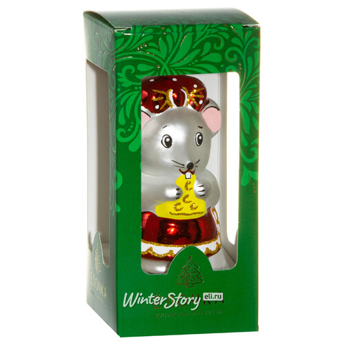 Стеклянная елочная игрушка Мышка с Красным Передничком 8 см, подвеска Фабрика Елочка