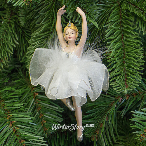 Елочное украшение Балерина в белом - руки подняты вверх 15 см, подвеска