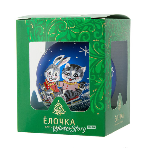 Стеклянный елочный шар Зодиак - Кролик и Кот на санках 7 см синий Фабрика Елочка