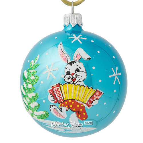 Стеклянный елочный шар Зодиак - Кролик Емеля с гармошкой 7 см бирюзовый Фабрика Елочка
