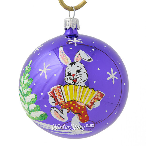 Стеклянный елочный шар Зодиак - Кролик Емеля с гармошкой 7 см фиолетовый Фабрика Елочка